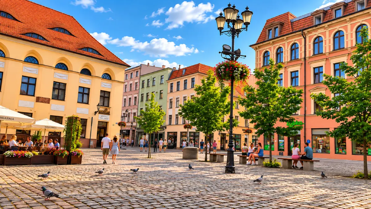 Kamienice w pierzei Rynku Nowomiejskiego i zabytkowa Apteka Pod Złotym Lwem