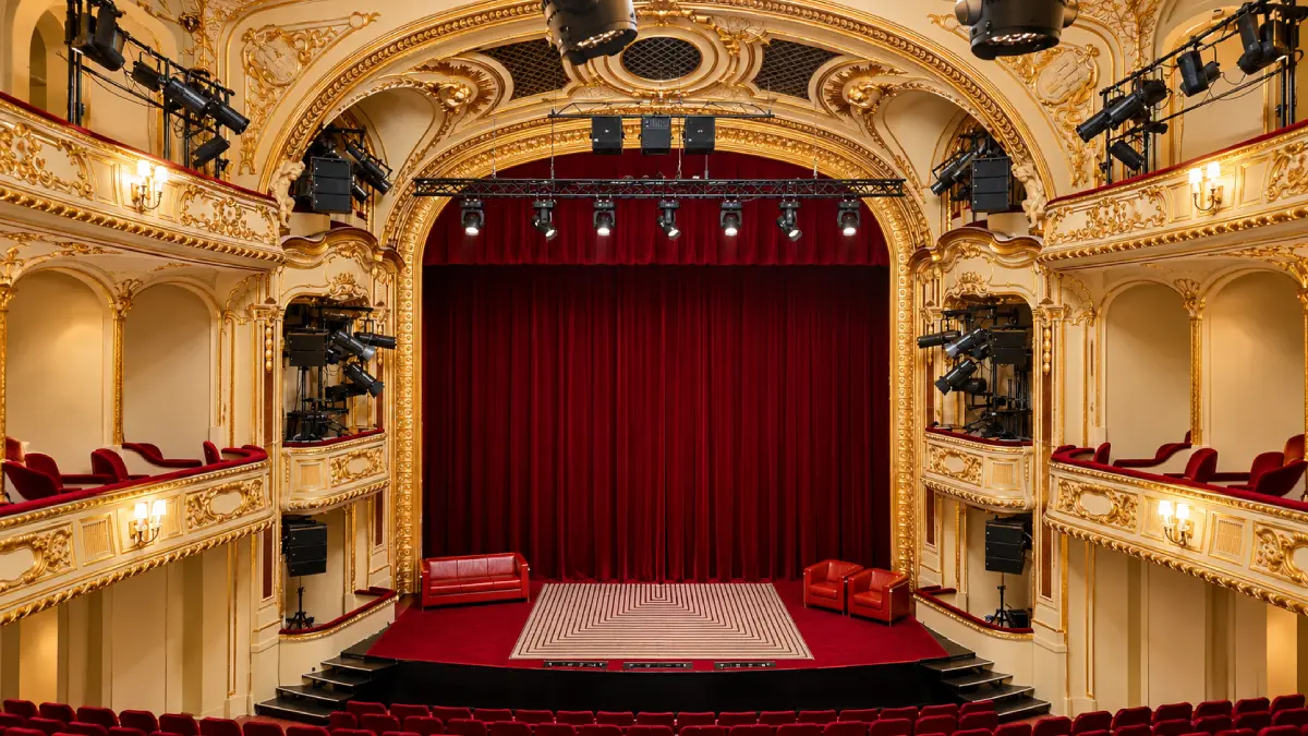 Zabytkowa widownia i scena Dużej Sceny Teatru im. Wilama Horzycy w Toruniu – widok na loże i balkony